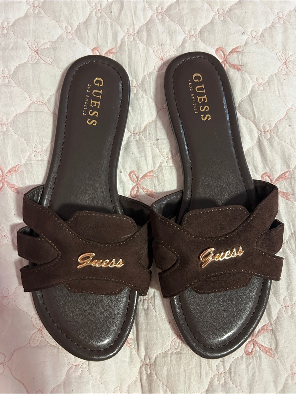 GUESS Brown Suede Slide Sandals with Gold Logo